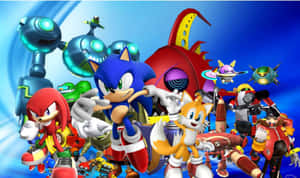 Sonic the Hedgehog 和盟友與機械人和車輛擺出動作姿勢。 — 超音鼠 壁紙