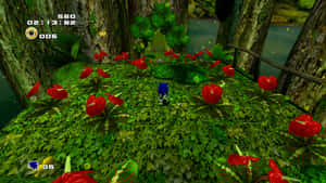 Sonic the Hedgehog 在一個有紅花和綠葉的叢林中奔跑。 — 超音鼠 壁紙