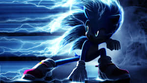Sonic the Hedgehog 被電光藍色閃電包圍，擺出強而有力嘅蹲伏姿勢。