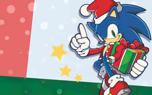 Sonic the Hedgehog 穿著節日服裝，手持禮物，開心地指著。 — 2880x1800 壁紙