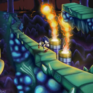 Sonic the Hedgehog 喺黑暗洞穴嘅橋上奔跑，避開火災危險。 — 超音鼠 壁紙
