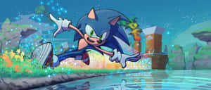 Sonic the Hedgehog 喺水邊嘅發光風景中奔跑。 — 2560x1080 壁紙