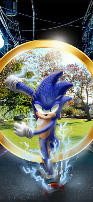 Sonic the Hedgehog 在秋天的公園夜間穿過一個帶有閃電效果的金色圓環。 — Pixel 8a 壁紙