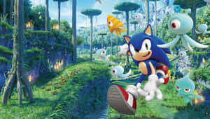 Sonic the Hedgehog 喺一個有發光植物同漂浮生物嘅魔法森林中奔跑。 — 超音鼠 壁紙