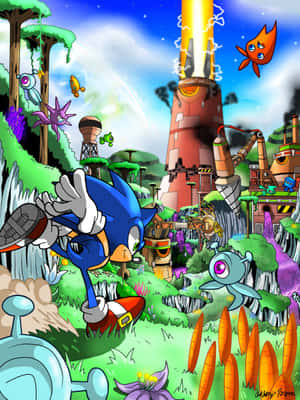 Sonic the Hedgehog 喺一個有工廠同漂浮生物嘅色彩繽紛外星景觀中奔跑。 — Kindle 壁紙