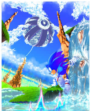 Sonic the Hedgehog 喺有瀑布同浮島嘅翠綠風景中奔跑。 — 超音鼠 壁紙