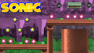 Sonic 遊戲關卡，帶有星星和城市背景 — 超音鼠 壁紙
