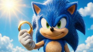 Sonic the Hedgehog 喺明亮嘅太陽下攞住一個金色嘅環。
