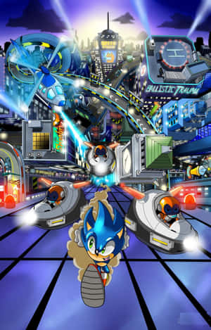 Sonic the Hedgehog 喺有飛車同發光招牌嘅霓虹城市中奔馳。 — Infinix Xpad 20 壁紙