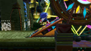 Sonic the Hedgehog 喺一個充滿活力嘅寺廟場景中，喺一個發光嘅平台上高速奔馳。 — 超音鼠 壁紙