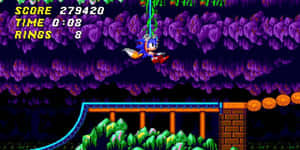 Sonic the Hedgehog 掛在一條藤蔓上，身處一個有圓環和管道的像素化遊戲洞穴。 — 超音鼠 壁紙