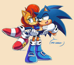 Sonic the Hedgehog 被紅髮狐狸擁抱，帶有「My Hero~」對話框。 — 超音鼠 壁紙