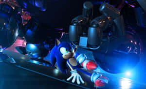 Sonic the Hedgehog 在科技環境中蹲在機械臂旁。 — 超音鼠 壁紙