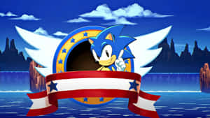 Sonic the Hedgehog 在帶有翅膀和星星的愛國標誌中。 — 超音鼠 壁紙