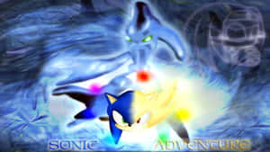 Sonic the Hedgehog 以藍黃分離的形態與背景中的幽靈龍一起奔馳。 — 超音鼠 壁紙
