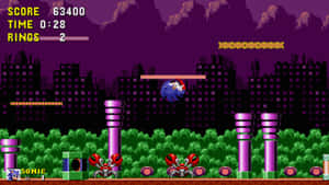 Sonic the Hedgehog 在夜晚的像素化城市中奔跑，並有螃蟹敵人。 — 超音鼠 壁紙