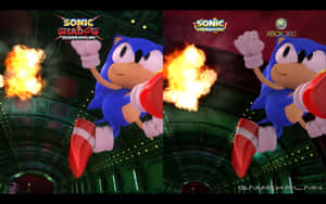 Sonic the Hedgehog 在未來風格的隧道中旋轉並帶有火焰。 — Steam Deck OLED 壁紙