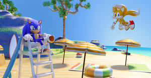 Sonic the Hedgehog 在救生員椅上，Tails在陽光明媚的海灘上空飛翔。 — 超音鼠 壁紙