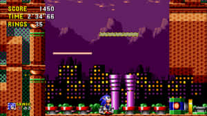 Sonic the Hedgehog 在像素化的夜間城市中奔跑，顯示分數和戒指。 — 超音鼠 壁紙