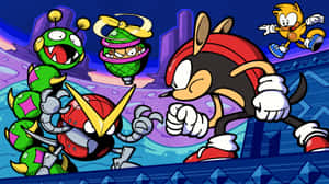 Sonic the Hedgehog 在霓虹燈照亮的未來城市中與機械敵人戰鬥。 — 2560x1440 壁紙