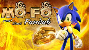 Sonic the Hedgehog 在火熱的金色背景前手持一個燃燒的戒指，並帶有 fandub 文字。 — 超音鼠 壁紙