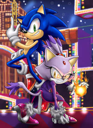 Sonic 同 Blaze 喺夜晚嘅霓虹城市，Blaze 揸住火。 — iPad 第9代 壁紙