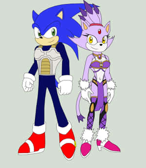 Sonic 同一個紫色貓角色著住細節豐富嘅服裝企埋一齊。 — Galaxy Z Fold 6 壁紙