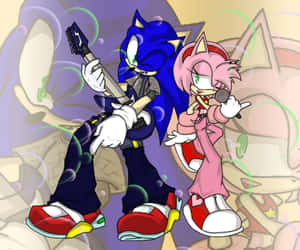 Sonic 和 Amy Rose 用結他和咪高峰演奏音樂，被氣泡包圍。 — 超音鼠 壁紙