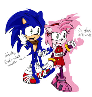 Sonic 和 Amy Rose 以 Q 版風格呈現，對話氣泡展現他們對比下的擔憂與安慰。 — OnePlus Open 壁紙