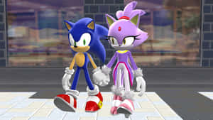 Sonic 和 Amy Rose 在鋪滿瓷磚的房間裡手牽手，欣賞城市景觀。 — 超音鼠 壁紙