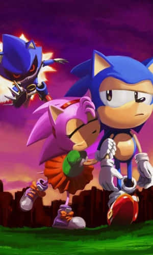 Sonic、Amy 和 Shadow 以動漫風格呈現，背景是紫色的日落天空 — Galaxy Tab A 壁紙