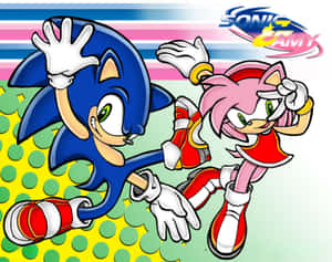 Sonic 和 Amy 以充滿活力的卡通風格在色彩繽紛的背景中奔跑。 — 超音鼠 壁紙