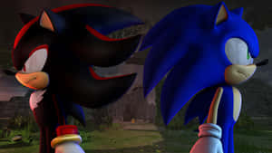 Sonic 和 Shadow 在黑暗的森林場景中面對面。 — 超音鼠 壁紙