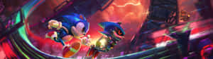 Sonic 和 Shadow 在暴風雨的天空下穿過霓虹城市飛馳。 — 32:9 壁紙