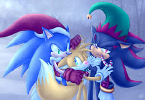 Sonic、Shadow 和 Tails 在飄雪的冬日場景中擁抱。 — 超音鼠 壁紙