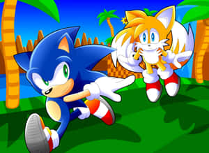 Sonic 和 Tails 在棕櫚樹的熱帶叢林中奔跑。 — 超音鼠 壁紙