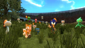 Sonic 和 Tails 穿過高高的草叢，周圍有漂浮的外星生物。 — 超音鼠 壁紙
