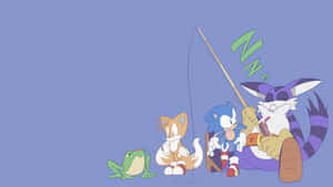 Sonic、Tails 和一隻狐狸在釣魚，一隻青蛙在觀看，一隻狐狸在附近睡覺。 — Studio Display 壁紙