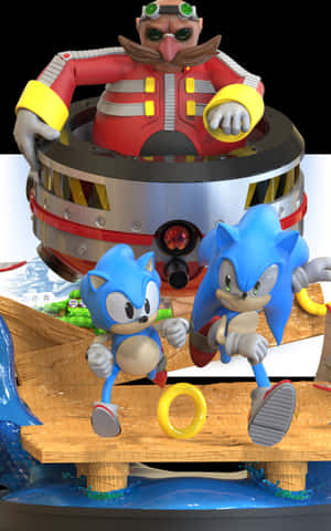 Sonic 和他的兄弟跑過一座橋，而 Dr. Eggman 從他的車輛中觀察。 — Lenovo Tab 壁紙