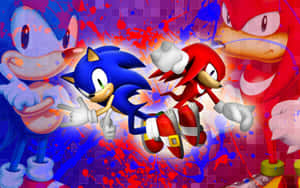 Sonic 與 Knuckles 在色彩繽紛的塗鴉背景上競賽，帶有顏料飛濺。 — 超音鼠 壁紙