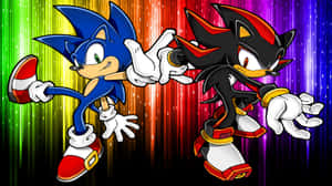 Sonic 與 Shadow the Hedgehog 在色彩繽紛的數位場景中競速。 — 超音鼠 壁紙