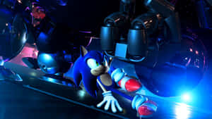 Sonic the Hedgehog 躲避機械拳頭，在霓虹燈閃爍的未來風格競技場中。