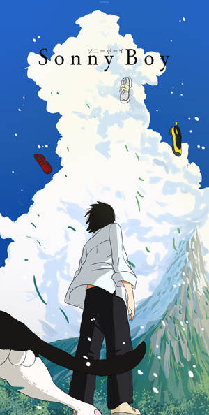 動漫男孩站在懸崖上看著帶有漂浮鞋子和葉子的雲。