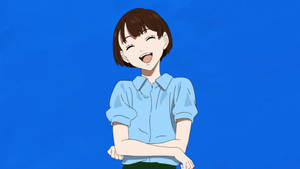 動漫女孩在藍色背景上交叉雙臂微笑