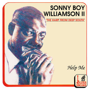 Sonny Boy Williamson II 在復古藍調專輯封面上吹奏口琴。