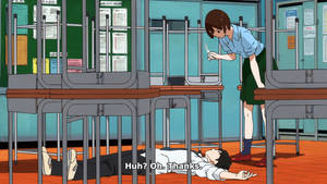 穿校服女孩俯身看著躺在教室地板的男孩