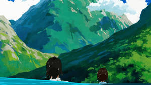 兩個動漫角色漂浮在水中看著綠色山脈