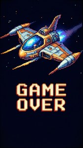 像素化太空船在太空中飛行，下方有「GAME OVER」文字。