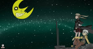 兩個動漫角色仰望繁星夜空中的微笑彎月。