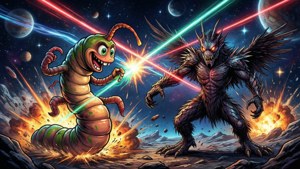 一隻綠色蟲和黑暗惡魔在星空宇宙景觀中用激光戰鬥，行星爆炸。